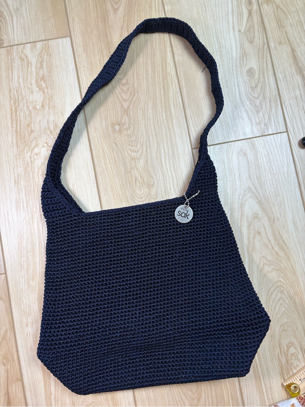 The Sak Boho Fisherman Nautical Crochet Shoulder Bag Navy Blue EUC